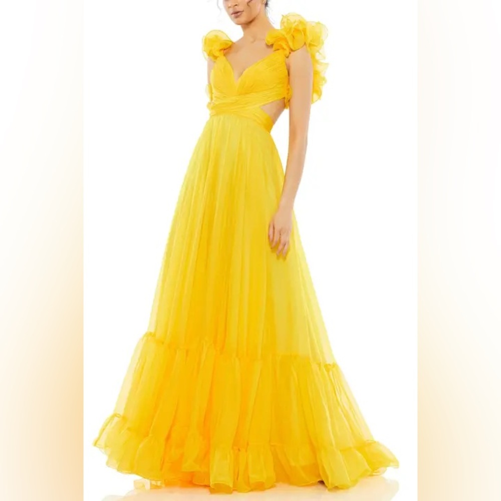NWT Mac Duggal 67911 Neon Yellow Ruffle Tiered Cut-Out Chiffon Gown Size 4 - Picture 2 of 9